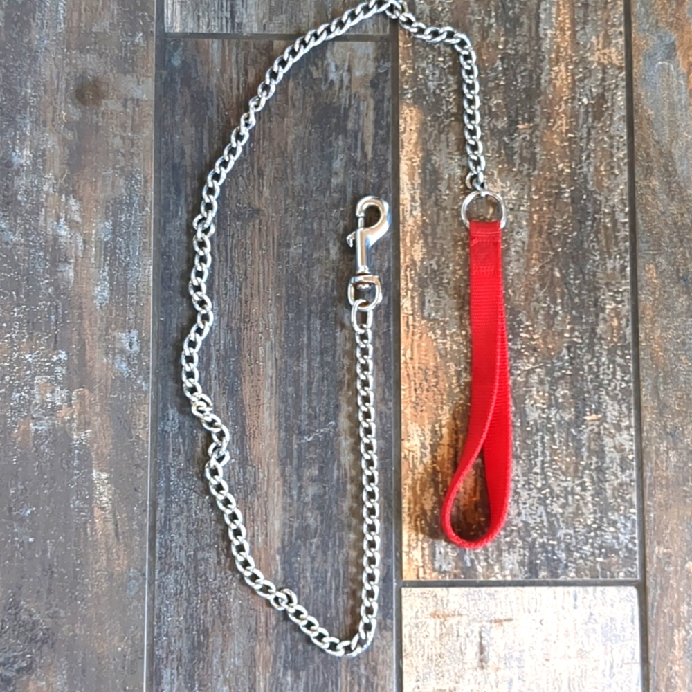 Heavy Duty Dog Leash Red Mesh Handle 48" Long Silver Chain EUC